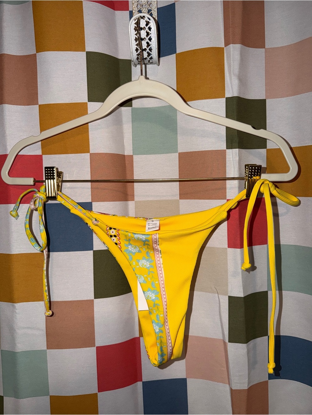 NWT Three Suns Coastal Co Yellow Floral Ribbed String Bikini Bottom Size Small